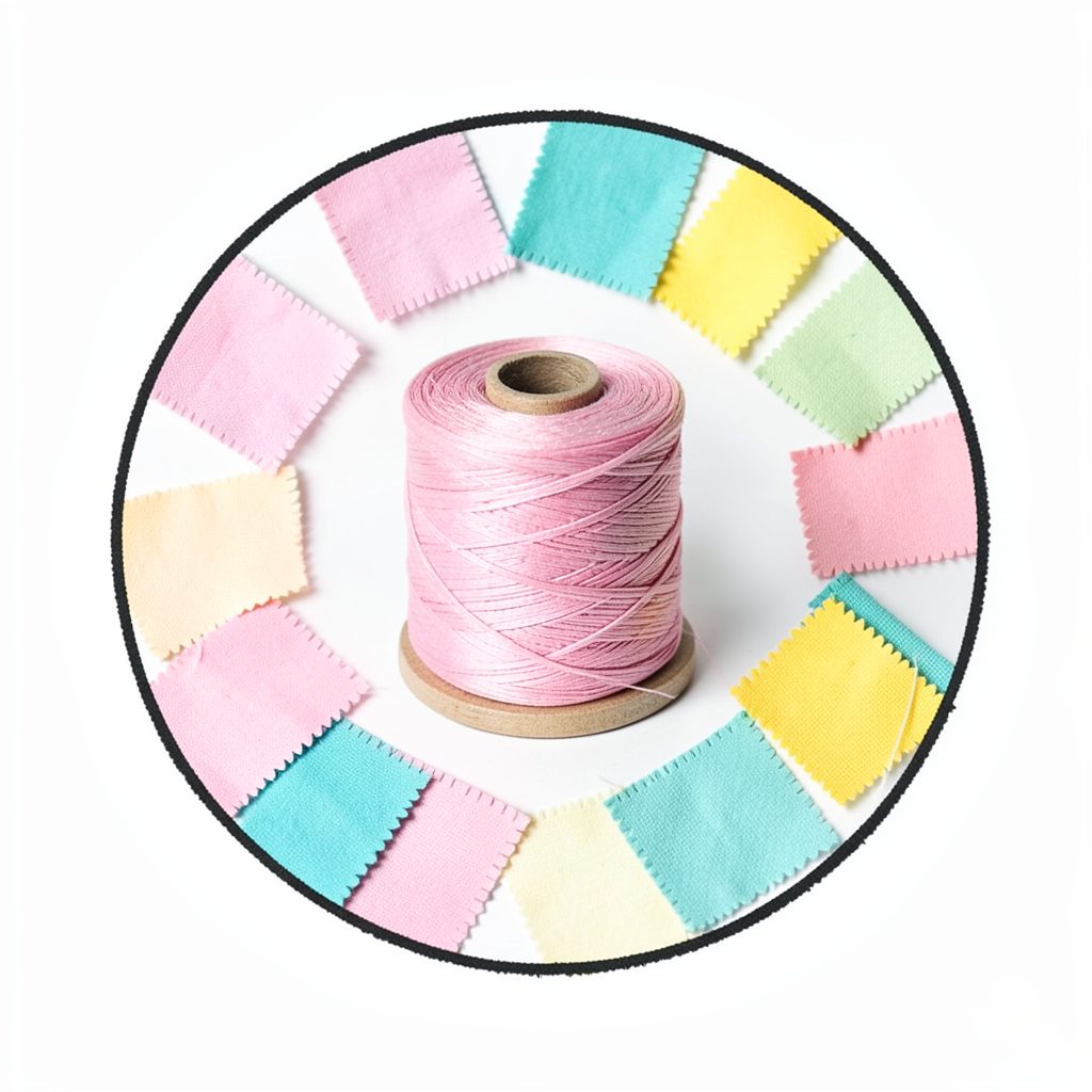 Circular illustration of a spool of thread surrounded by small fabric samples in pastel pink, teal, and yellow, cheerful and crafty