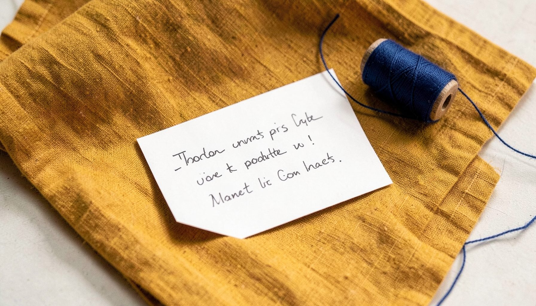 A handwritten note card resting on folded mustard-yellow linen fabric with a spool of navy thread nearby