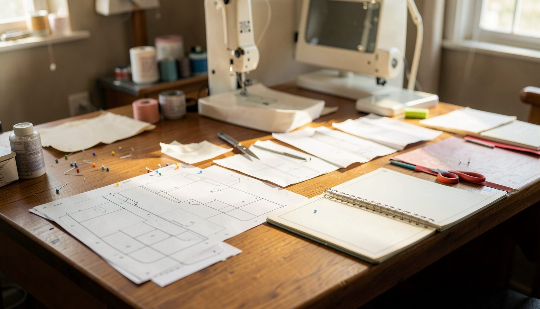 A neatly arranged sewing workspace with pattern pieces, pins, and a notebook on a wooden desk, bathed in warm morning light