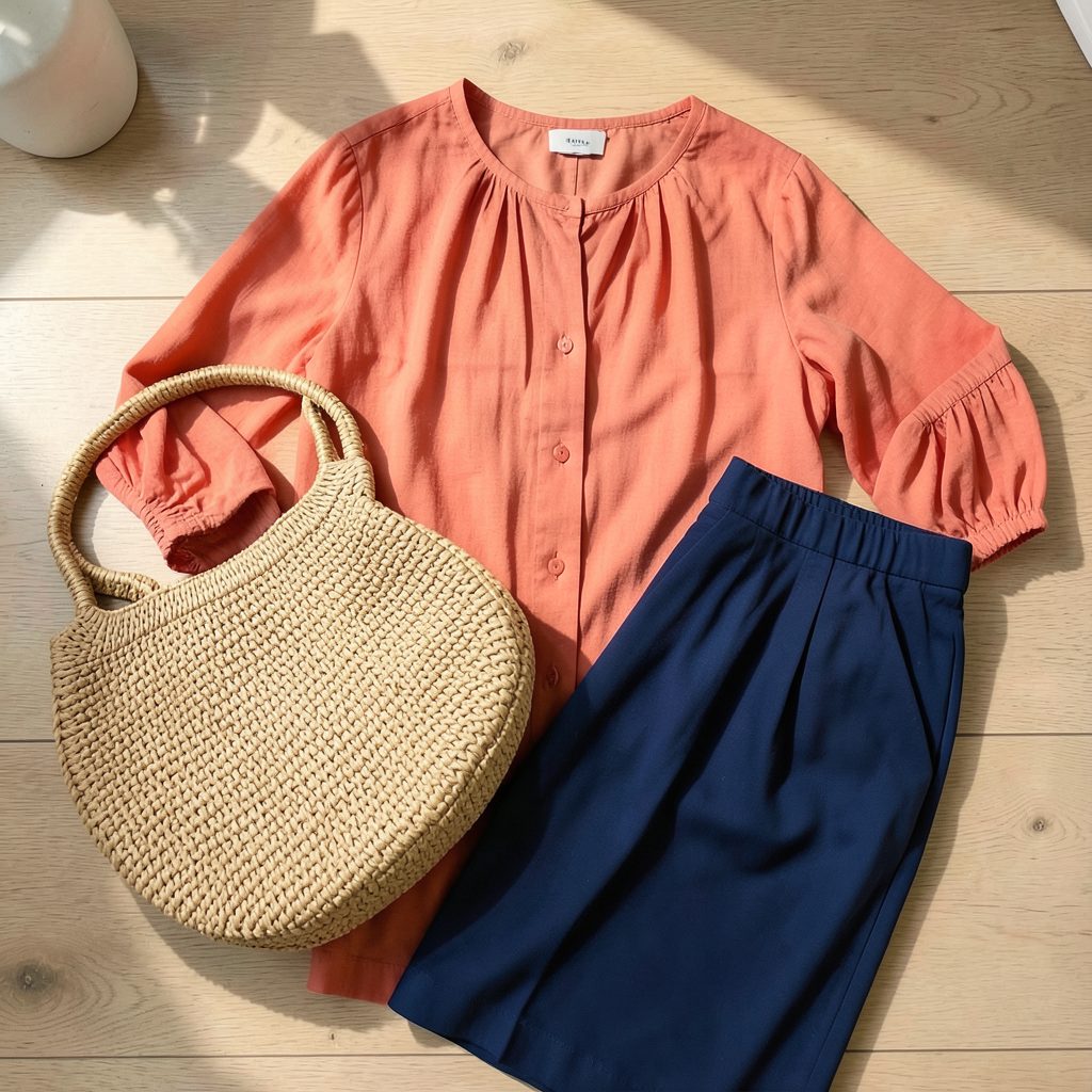 Warm flat-lay of a styled outfit with a flowing coral blouse, indigo trousers, and a woven straw bag
