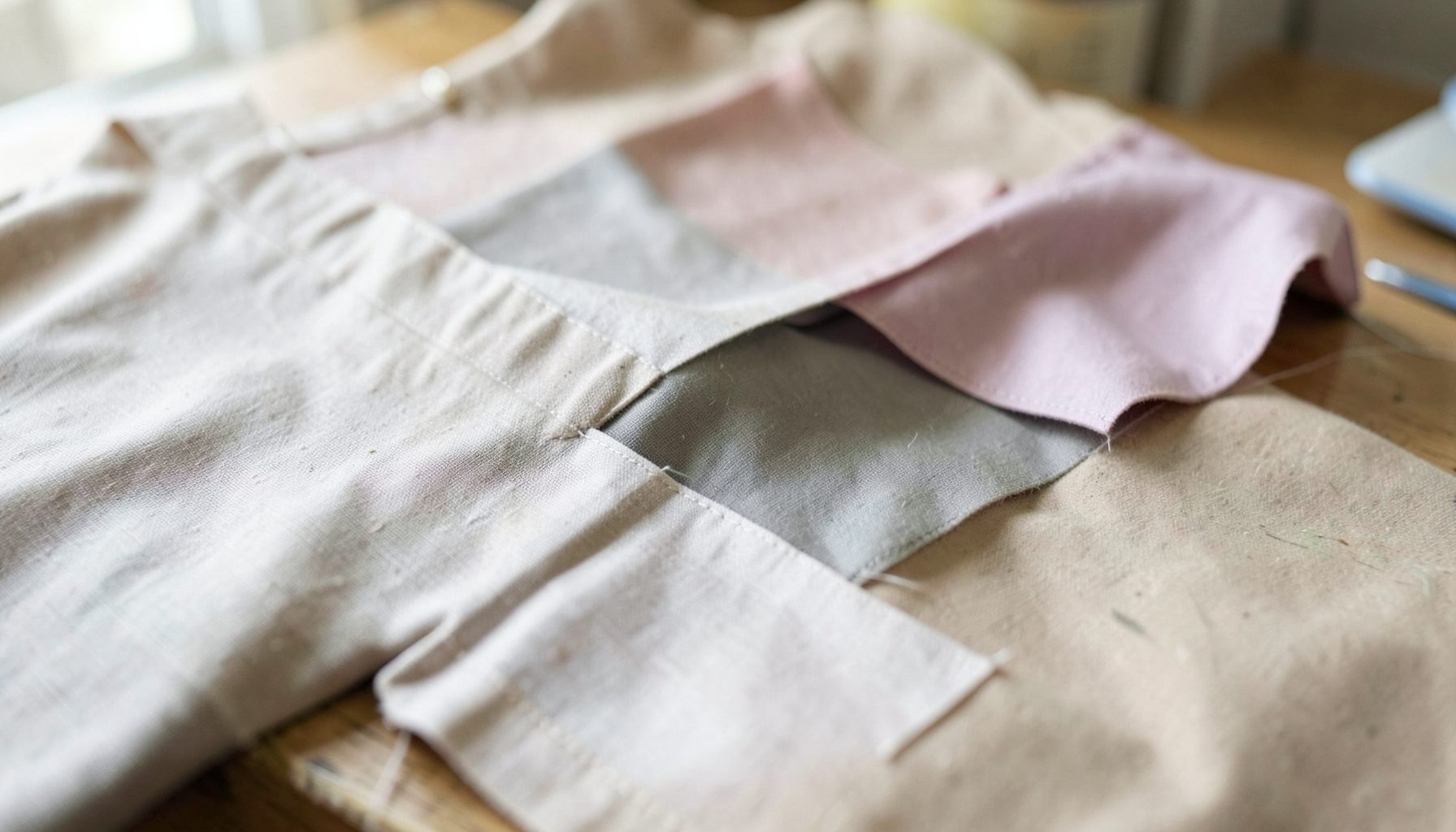 Close-up of tan and pink fabric pieces pinned and stitched together on a wooden table, soft neutral tones, calm and hands-on sewing mood